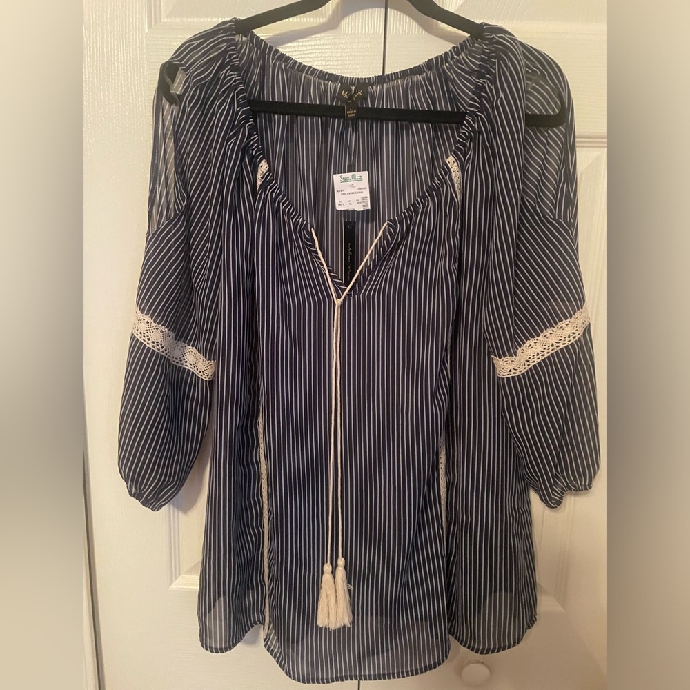 Melissa Paige Blue and White Ruched Tie Front Blouse